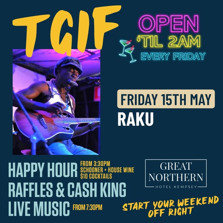 Featured image for “RAKU Live This Friday at Great Northern Hotel”