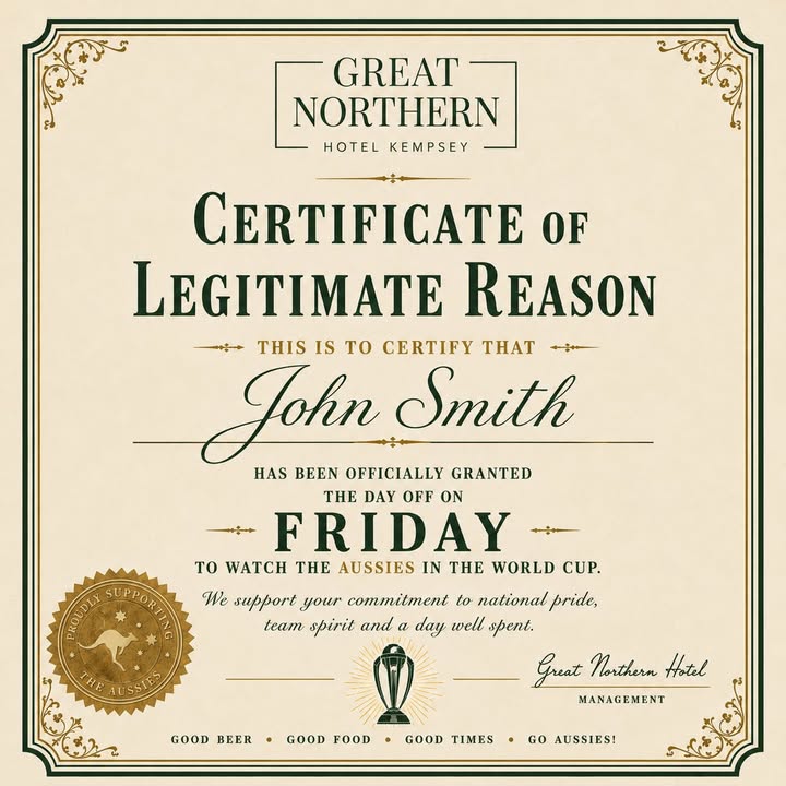 Featured image for “World Cup Day Off Certificates at Great Northern Hotel”