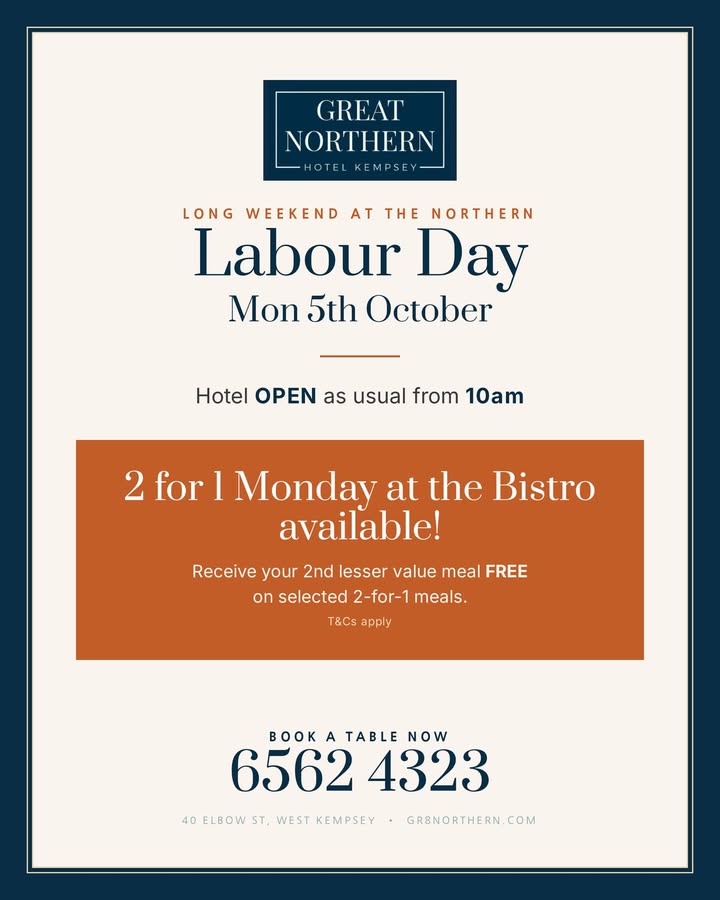 Featured image for “Labour Day 2 for 1 Bistro Meals at Great Northern Hotel Kempsey”